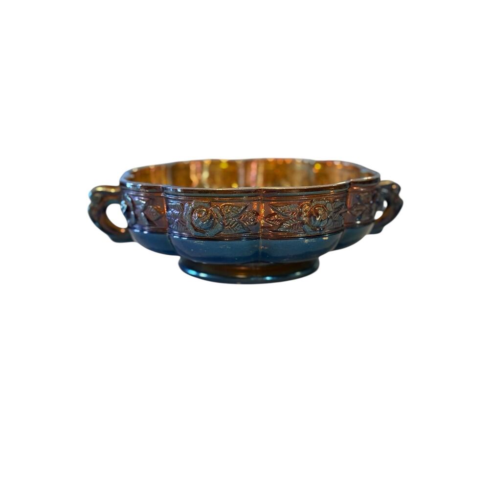 Fenton Carnival Glass Bowl – “Aztec Rose” Pattern – Iridescent Vintage Glass